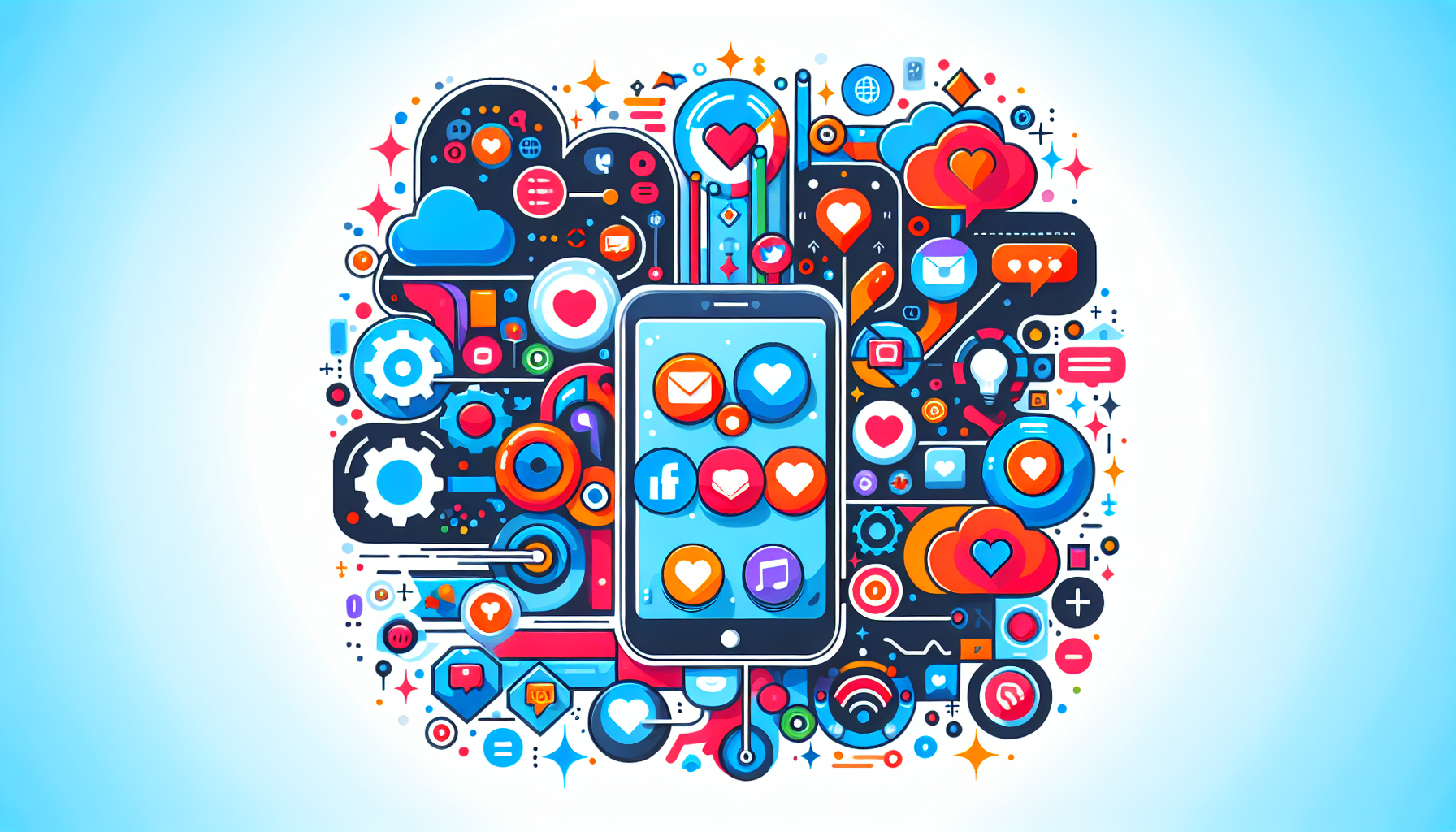 Illustration only: A modern and colorful digital artwork. The image represents features symbolic of social media management. This includes elements like a smartphone showing social media apps, actions such as sharing and liking posts, and icons for notifications. These elements are creatively arranged and vividly colored, capturing the vibrancy and dynamism of social media management.